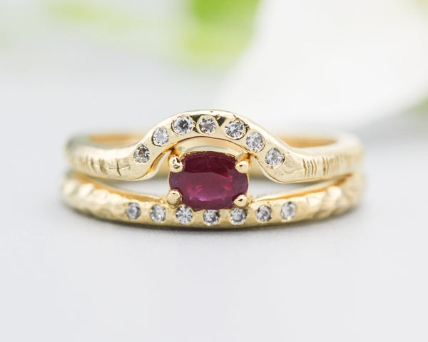 Set of 2 Oval faceted Ruby ring with tiny diamonds on 14k gold band set with 14k gold band ring with tiny 7 diamond on the center