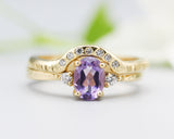 Set of 2 Oval faceted amethyst ring with tiny round diamonds side set with 14k gold band ring with tiny 7 diamond on the center