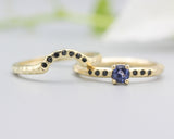 Set of 2 Round faceted blue sapphire ring and tiny black spinel on 14k gold band set with 14k gold band ring and 7 black spinel