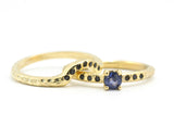 Set of 2 Round faceted blue sapphire ring and tiny black spinel on 14k gold band set with 14k gold band ring and 7 black spinel