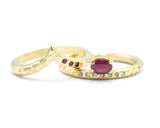 Set of 2 Oval faceted Ruby ring with tiny diamonds on 14k gold band set with 14k gold with hammer band ring with tiny 3 ruby on the side