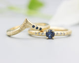 Set of 2 Round faceted blue sapphire ring and diamonds on 14k gold band set with 14k gold band ring with tiny 3 blue sapphire on the side