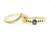 Set of 2 Round faceted blue sapphire ring and tiny black spinel on 14k gold band set with 14k gold band ring with tiny 3 blue sapphire