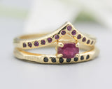 Set of 2 Oval faceted ruby ring in prongs setting with tiny black spinel on 14k gold band set with 14k gold band ring and tiny 15 ruby