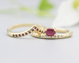 Set of 2 Oval faceted Ruby ring with tiny diamonds on 14k gold band set with 14k gold band ring and tiny 15 ruby on the center