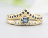 Set of 2 Oval faceted blue sapphire ring with tiny diamonds on 14k gold band set with 14k gold band ring and tiny 15 blue sapphire