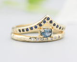 Set of 2 Oval faceted blue sapphire ring with tiny diamonds on 14k gold band set with 14k gold band ring and tiny 15 blue sapphire