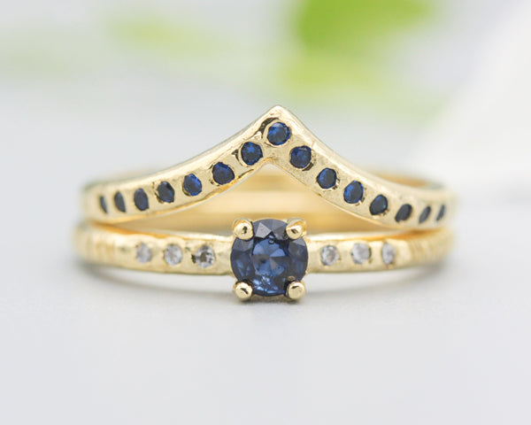 Set of 2 Round faceted blue sapphire ring and diamonds on 14k gold band set with 14k gold band ring and tiny 15 blue sapphire on the center