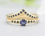 Set of 2 Round faceted blue sapphire ring and tiny black spinel on 14k gold band set with 14k gold band ring and tiny 15 blue sapphire