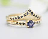 Set of 2 Round faceted blue sapphire ring and tiny black spinel on 14k gold band set with 14k gold band ring and tiny 15 blue sapphire