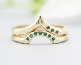 Set of 2 14k gold with line texture design band ring and tiny 7 emerald set with 14k gold with geometric band ring and 3 emerald on the side