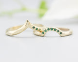 Set of 2 14k gold with line texture design band ring and tiny 7 emerald set with 14k gold with geometric band ring and 3 emerald on the side