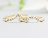 Set of 2 14k gold with line texture ring and tiny 7 diamond set with 14k gold hammer texture band ring and tiny 15 diamond on the center