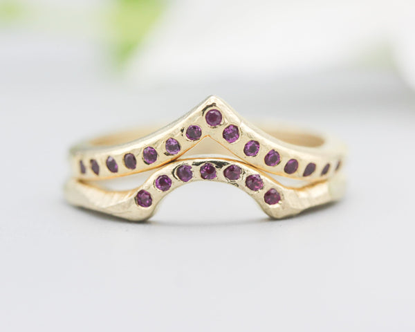 Set of 2 14k gold with geometric ring and tiny 7 ruby set with 14k gold with wood texture band ring with tiny 15 ruby on the center