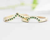 Set of 2 14k gold with line texture band ring and 7 emerald set with 14k gold with geometric band ring and tiny 15 emerald on the center
