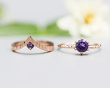 Set of 2 Purple tone,Amethyst ring in prongs setting with 14k rose gold texture design band with Amethyst ring 14k Rose gold crown design