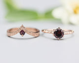 Set of 2 Red tone,Garnet ring in prongs setting with 14k rose gold texture design band with Garnet ring 14k Rose gold crown design