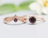 Set of 2 Red tone,Garnet ring in prongs setting with 14k rose gold texture design band with Garnet ring 14k Rose gold crown design