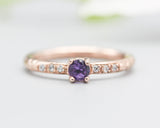 Round faceted amethyst ring in prongs setting with tiny diamonds on 14k Rose gold hammer texture design band