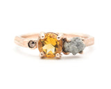 14k Rose gold wedding ring with citrine, rough diamond, pyrite gemstone in bezel and prongs setting