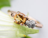14k Rose gold wedding ring with citrine, rough diamond, pyrite gemstone in bezel and prongs setting