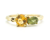 14k gold wedding ring with citrine, peridot, pyrite gemstone in bezel and prongs setting