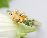 14k gold wedding ring with citrine, peridot, pyrite gemstone in bezel and prongs setting