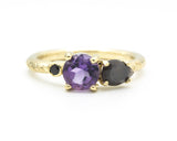 14k gold wedding ring with amethyst, labradorite, black spinel gemstone in bezel and prongs setting