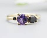 14k gold wedding ring with amethyst, labradorite, black spinel gemstone in bezel and prongs setting