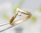 White topaz ring 14k gold crown design with hammer texture band