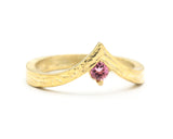 Pink tourmaline ring 14k gold crown design with wood texture band