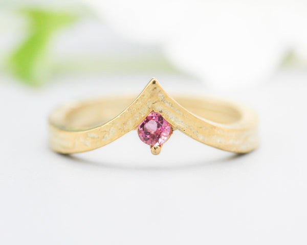 Pink tourmaline ring 14k gold crown design with wood texture band