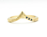 14k gold with line texture design band ring with tiny 3 blue sapphire on the side