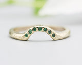 14k gold with line texture design band ring with tiny 7 emerald on the center