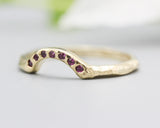 14k gold with geometric texture design band ring with tiny 7 ruby on the center
