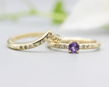 Set of 2 Round faceted amethyst ring and tiny diamonds on 14k gold set with 14k gold hammer texture design band ring and tiny 15 diamond