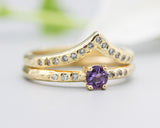 Set of 2 Round faceted amethyst ring and tiny diamonds on 14k gold set with 14k gold hammer texture design band ring and tiny 15 diamond