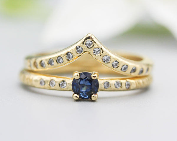 Set of 2 Round faceted blue sapphire ring and tiny diamond on 14k gold set with 14k gold hammer texture design band ring and tiny 15 diamond