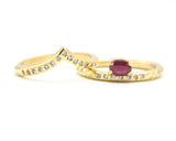 Set of 2 Oval faceted ruby ring and diamonds on 14k gold band set with 14k gold hammer texture design band ring and tiny 15 diamond