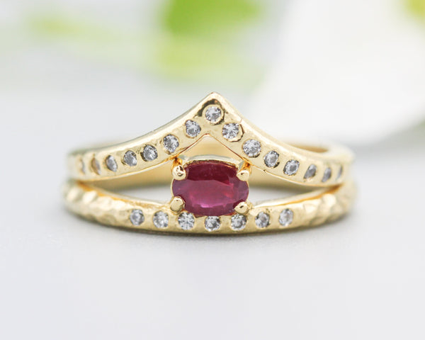 Set of 2 Oval faceted ruby ring and diamonds on 14k gold band set with 14k gold hammer texture design band ring and tiny 15 diamond