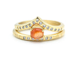 Set of 2 Oval cabochon sunstone ring and tiny diamond on 14k gold band set with 14k gold hammer texture design band ring and tiny 15 diamond