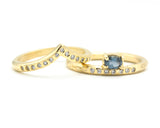 Set of 2 Oval faceted blue sapphire ring and diamonds on 14k gold band set with 14k gold hammer texture design band ring and tiny 15 diamond