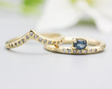 Set of 2 Oval faceted blue sapphire ring and diamonds on 14k gold band set with 14k gold hammer texture design band ring and tiny 15 diamond