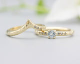 Set of 2 Round blue topaz  ring in prongs setting with diamond on 14k gold band set with 14k gold band ring with tiny 3 diamond on the side