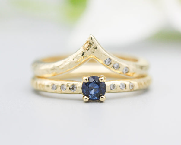 Set of 2 Blue sapphire ring in prongs setting with diamond on 14k gold band set with 14k gold band ring with tiny 3 diamond on the side