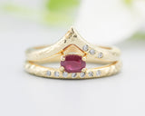 Set of 2 oval faceted ruby ring in prongs setting with diamond on 14k gold band set with 14k gold band ring with tiny 3 diamond on the side