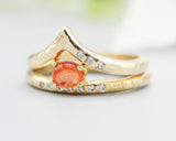 Set of 2 Oval sunstone ring in prongs setting with diamond on 14k gold band set with 14k gold band ring with tiny 3 diamond on the side