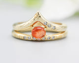 Set of 2 Oval sunstone ring in prongs setting with diamond on 14k gold band set with 14k gold band ring with tiny 3 diamond on the side
