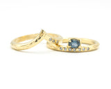Set of 2 oval faceted blue sapphire ring with diamond on 14k gold band set with 14k gold band ring with tiny 3 diamond on the side