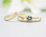 Set of 2 oval faceted blue sapphire ring with diamond on 14k gold band set with 14k gold band ring with tiny 3 diamond on the side